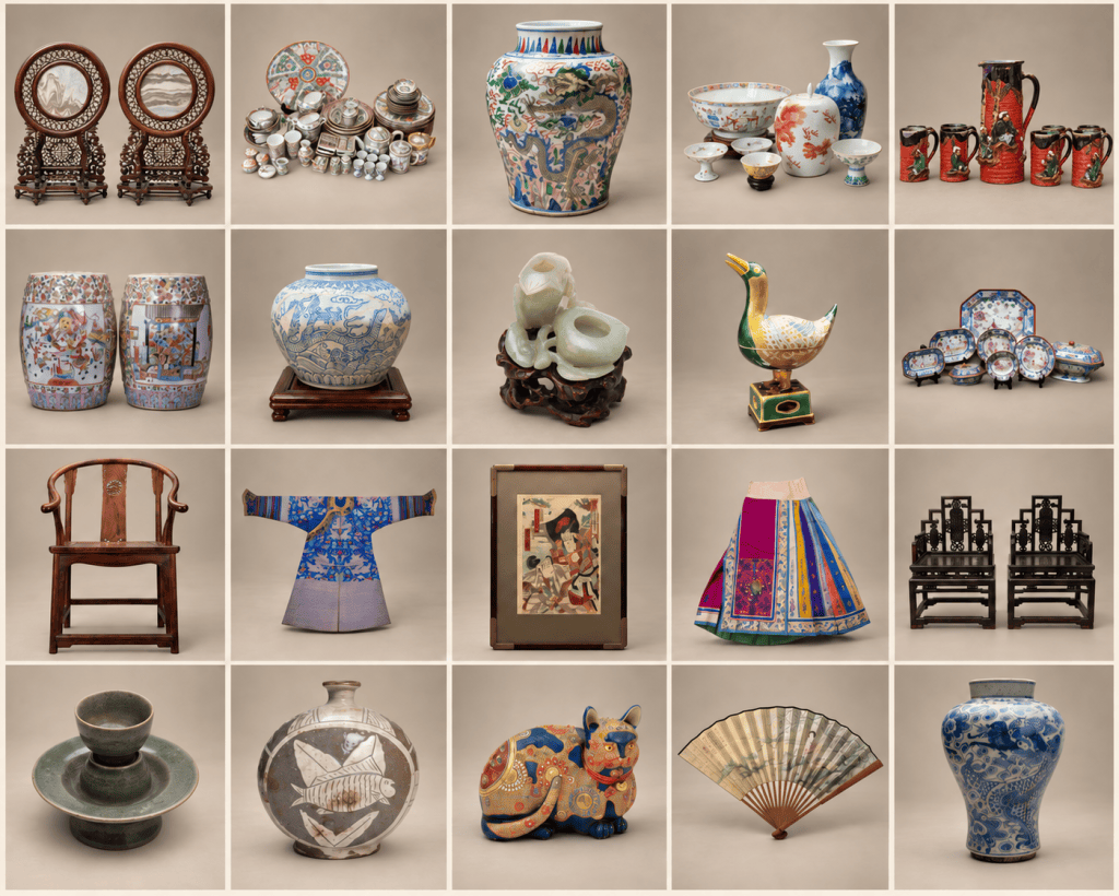 Asian art collection featuring Chinese porcelain, jade, ceramics, and decorative works from Chinese and other Asian traditions