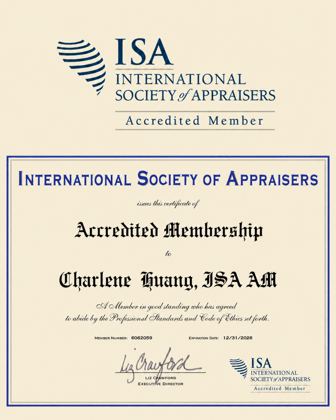 International Society of Appraisers Accredited Membership certificate for Charlene Huang