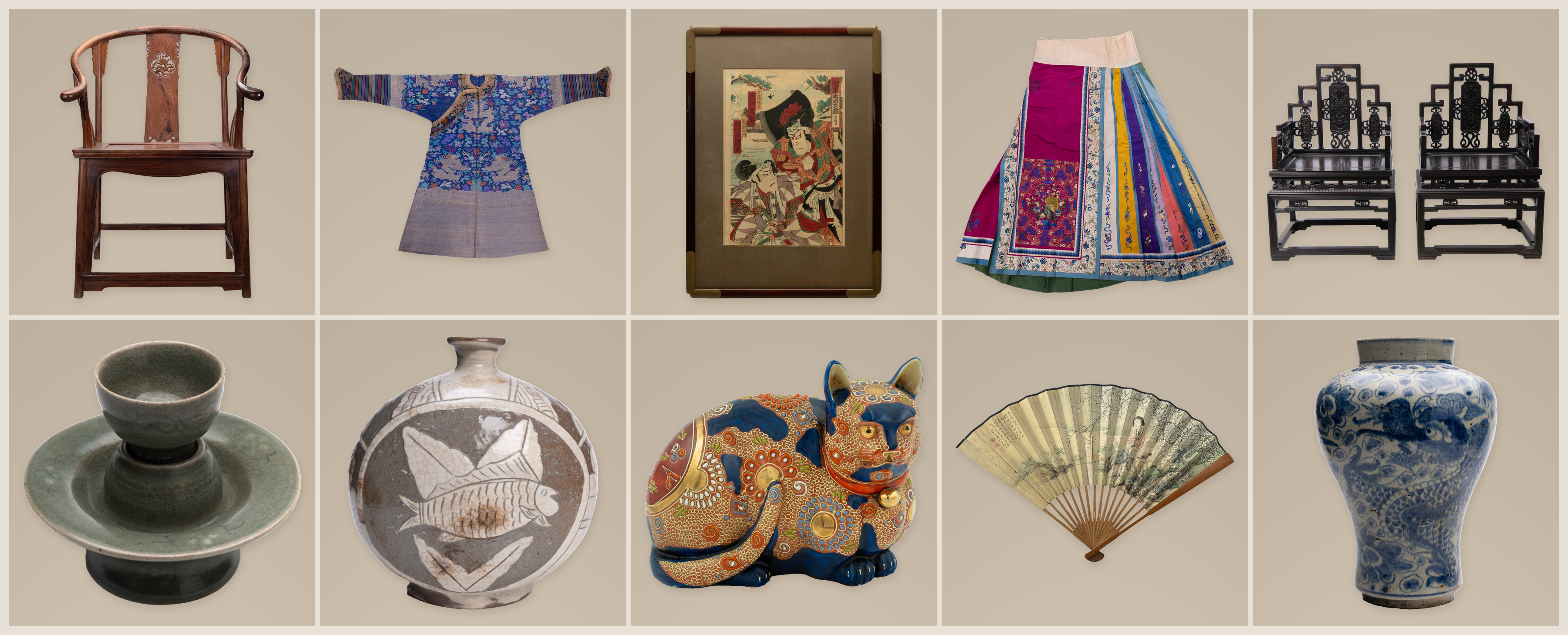 Asian art collection featuring Chinese furniture, embroidered textiles, Chinese paintings and fan paintings, Japanese art including woodblock prints and Satsuma ware, and Korean art including Goryeo celadon and Joseon dynasty dragon-decorated Buncheong ceramics