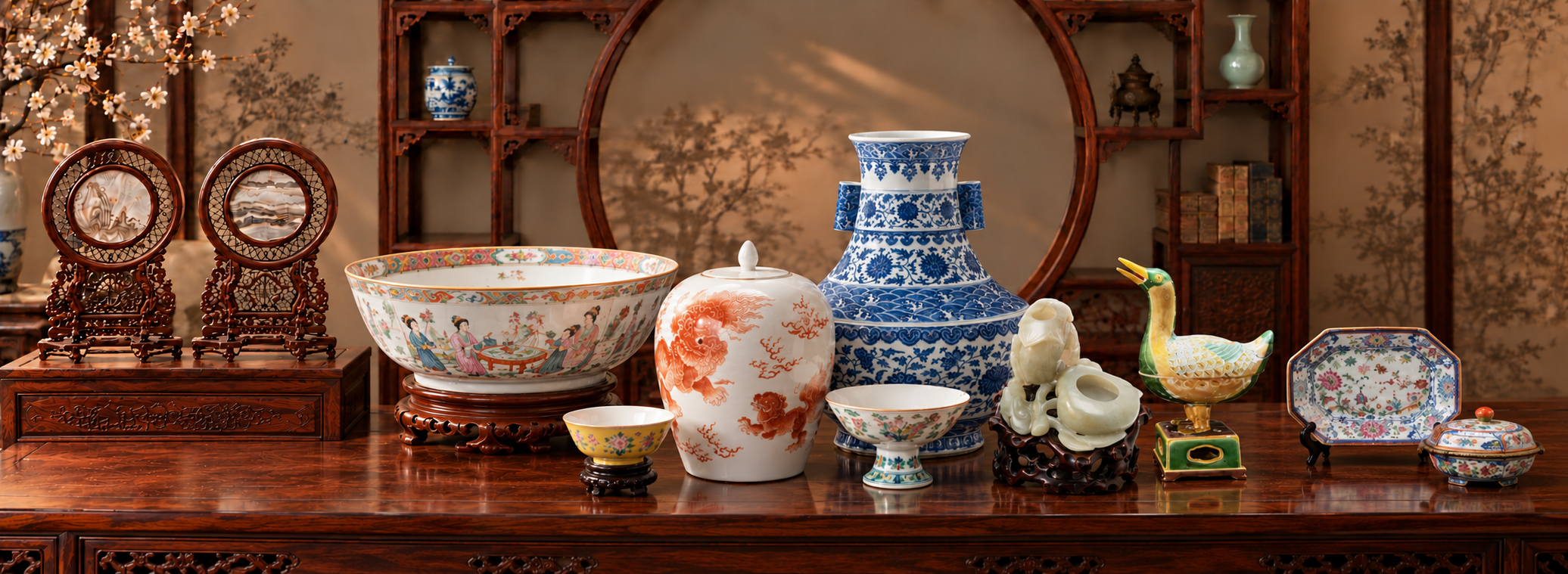 Asian art collection featuring Chinese porcelain, ceramics, jade, scholar’s objects, and decorative works of art