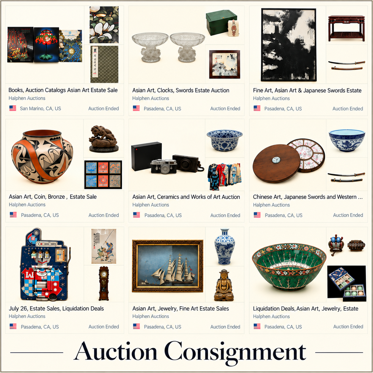 Global online auction consignment for fine art, Asian art, antiques, jewelry, and collectibles through LiveAuctioneers, HiBid, and other established auction platforms
