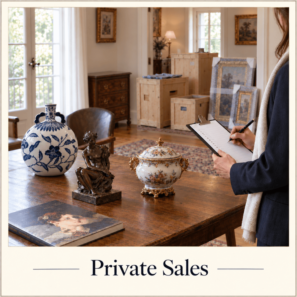 Private sale consultation for fine art, antiques, jewelry, and estate collections
