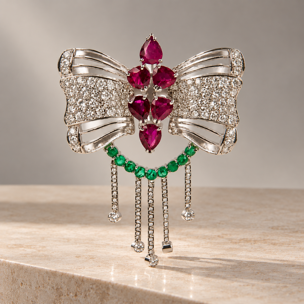 Jewelry, Ruby, emerald, and diamond bow brooch