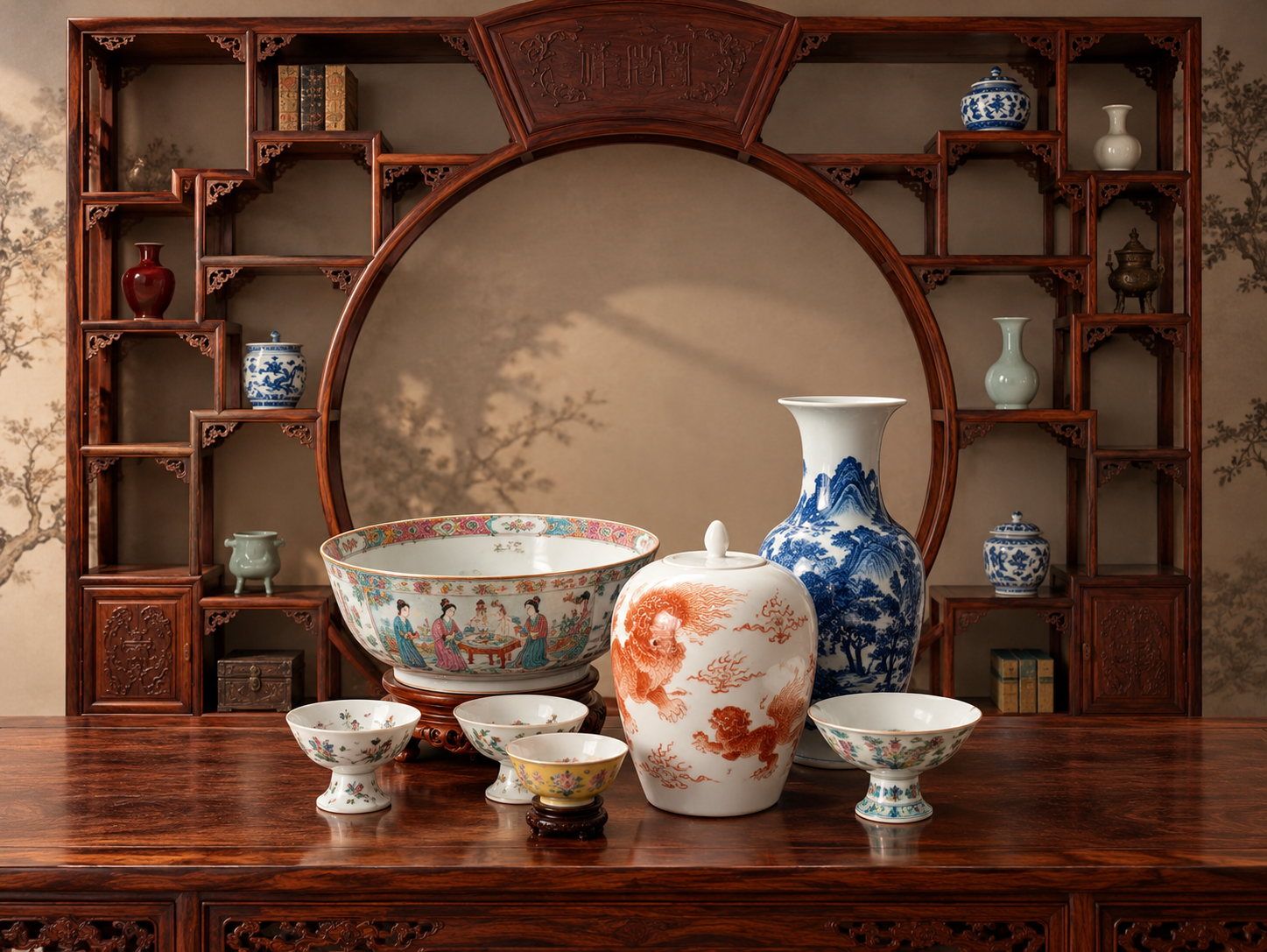 Asian art collection featuring Chinese porcelain and Jade, Blue and white vase. famille rose, wood, furniture, showcase 