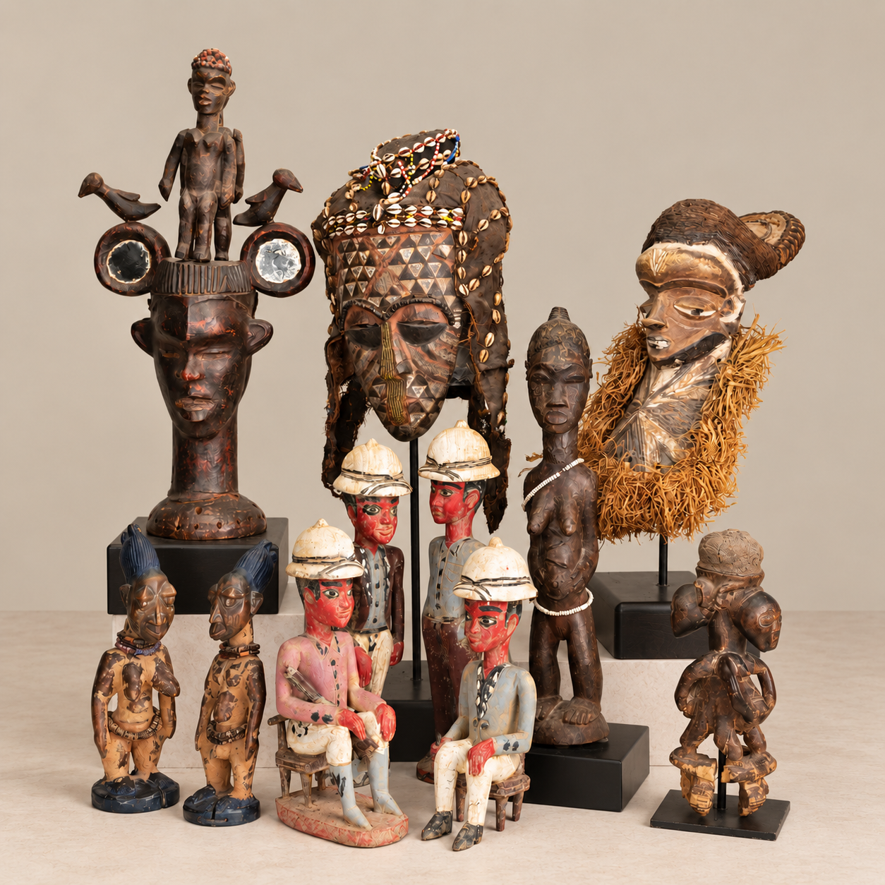 African and South American art featuring carved figures and decorative sculptures